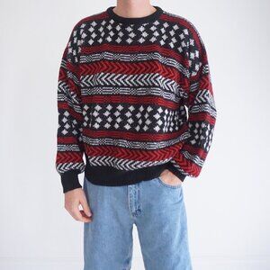 Vintage Black Red Biggie Cosby Eclectic Grandpa Knit Crewneck Sweater XL